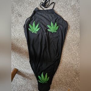 Mesh Halter Bodysuit Hemp Leaf Patch